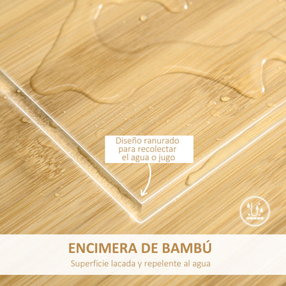 Kitchen Cart with Wheels, Multipurpose Storage Cart with Bamboo Countertop, Metal Basket, and 2 Louvered Door Cabinet 58x37x85.5 cm White