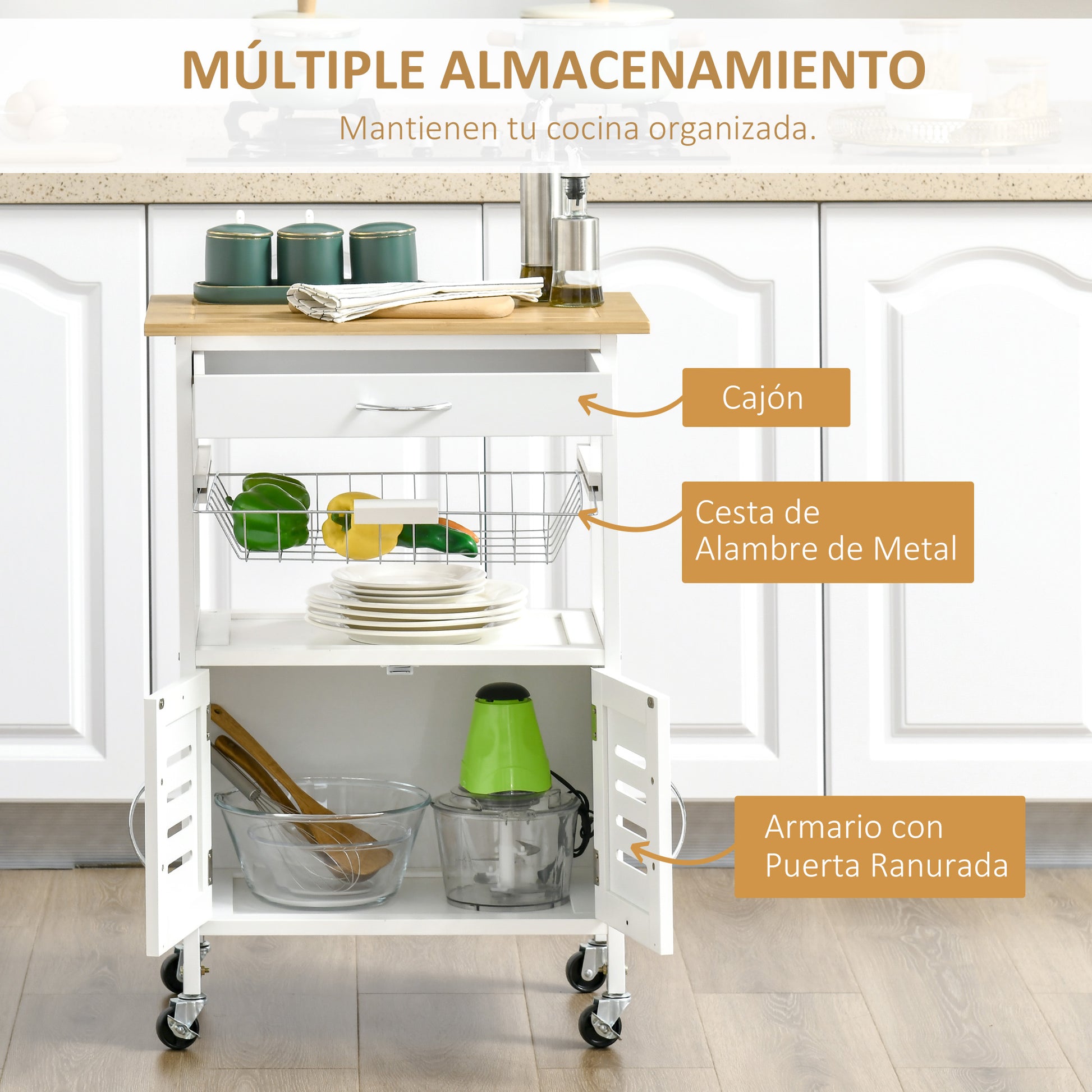Kitchen Cart with Wheels, Multipurpose Storage Cart with Bamboo Countertop, Metal Basket, and 2 Louvered Door Cabinet 58x37x85.5 cm White