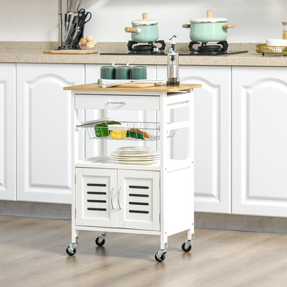 Kitchen Cart with Wheels, Multipurpose Storage Cart with Bamboo Countertop, Metal Basket, and 2 Louvered Door Cabinet 58x37x85.5 cm White