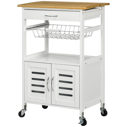 Kitchen Cart with Wheels, Multipurpose Storage Cart with Bamboo Countertop, Metal Basket, and 2 Louvered Door Cabinet 58x37x85.5 cm White