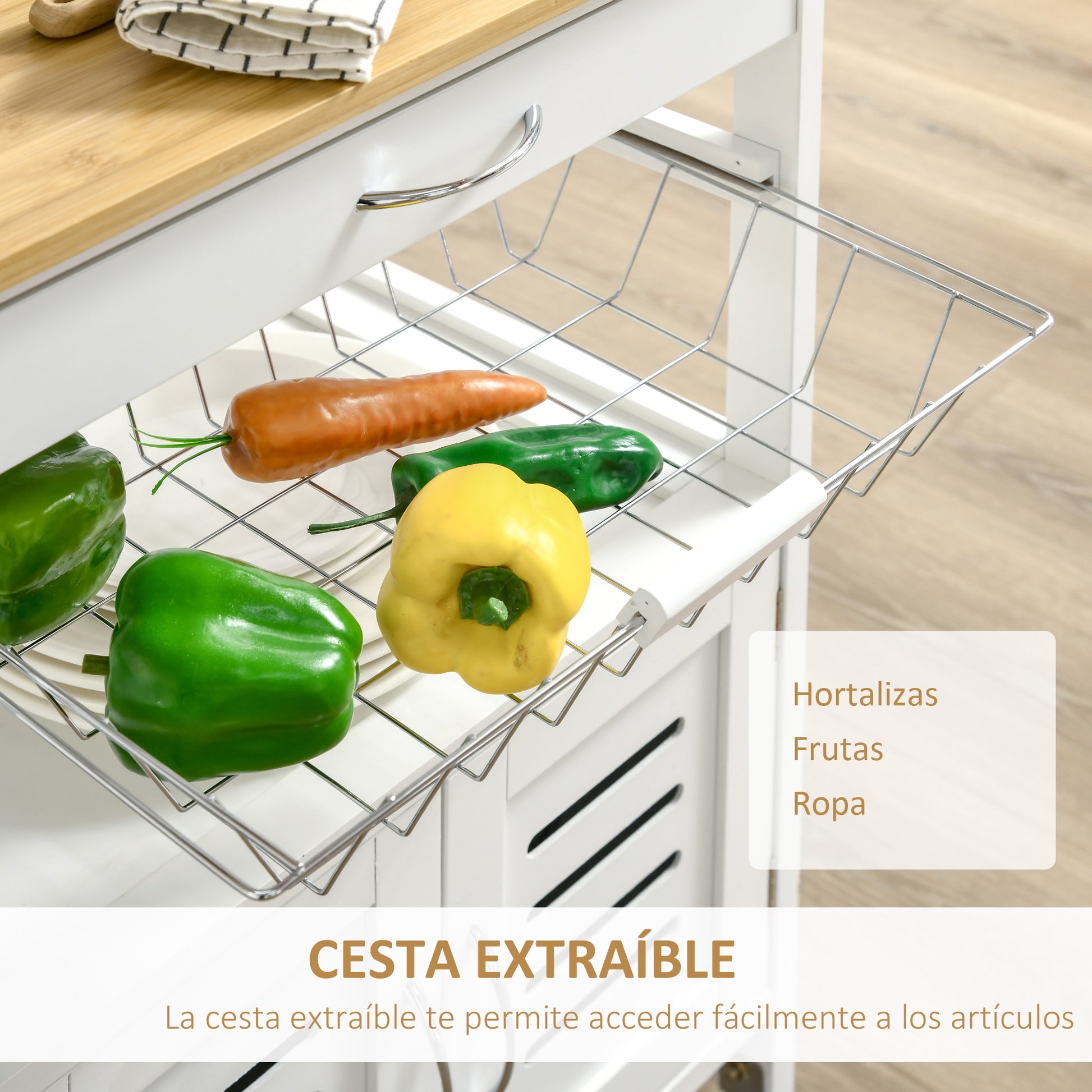 Kitchen Cart with Wheels, Multipurpose Storage Cart with Bamboo Countertop, Metal Basket, and 2 Louvered Door Cabinet 58x37x85.5 cm White