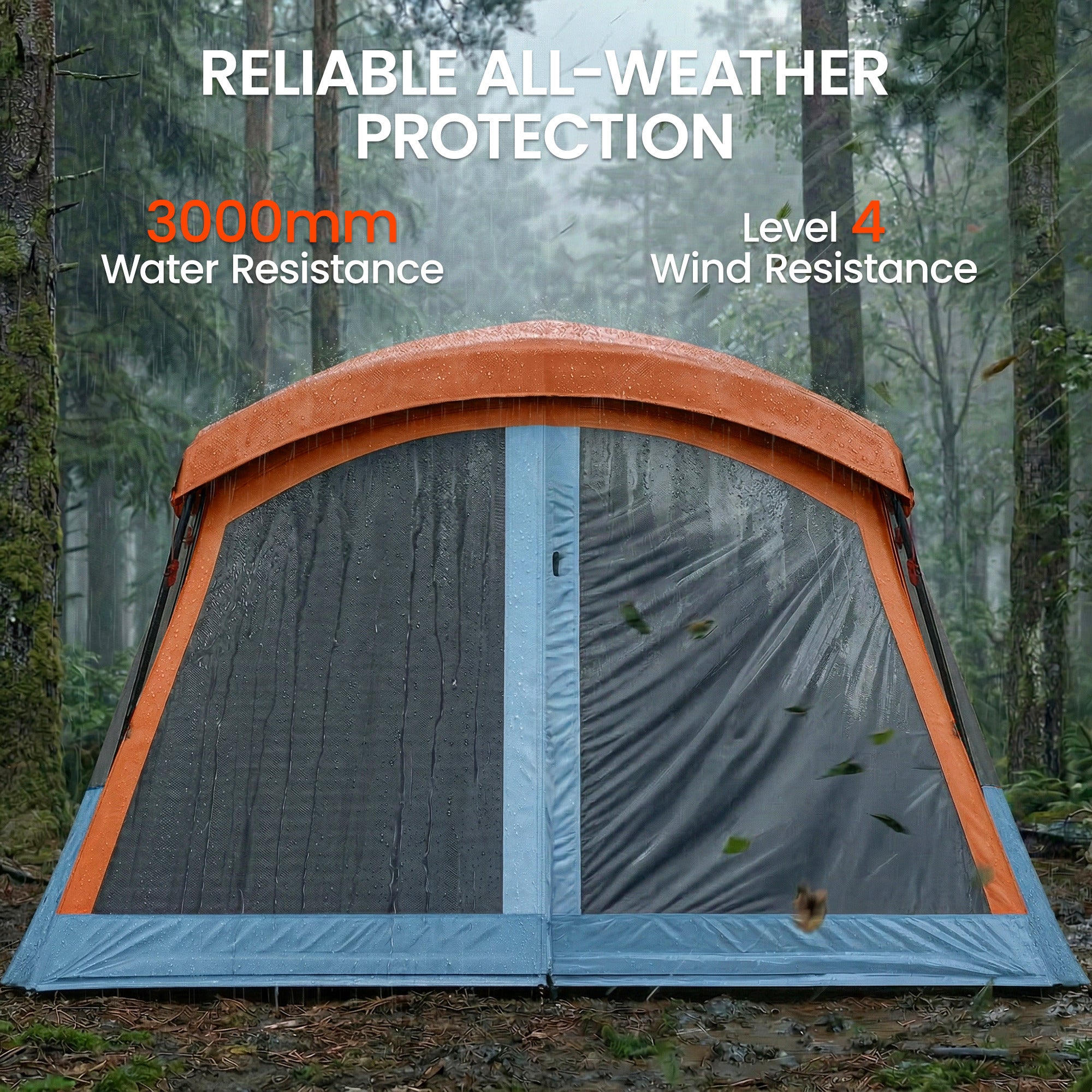 4-Person Tunnel Family Tent with Separate Sleeping & Living Areas, Skylights, PE Groundsheet, 3000 mm Waterproof – Orange/Blue