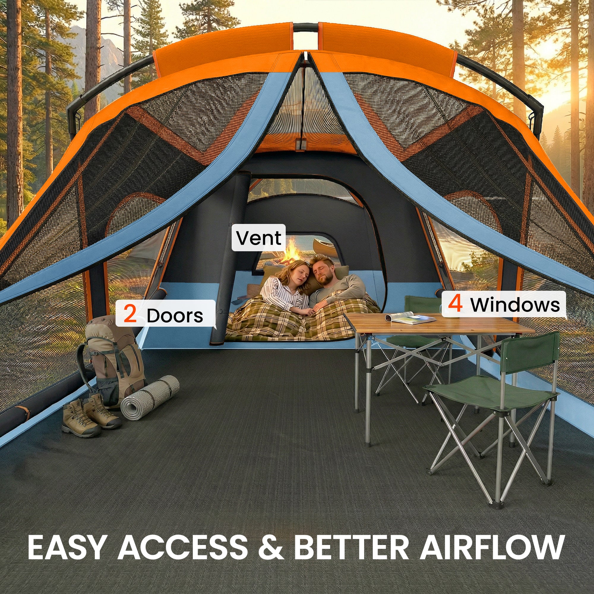 4-Person Tunnel Family Tent with Separate Sleeping & Living Areas, Skylights, PE Groundsheet, 3000 mm Waterproof – Orange/Blue
