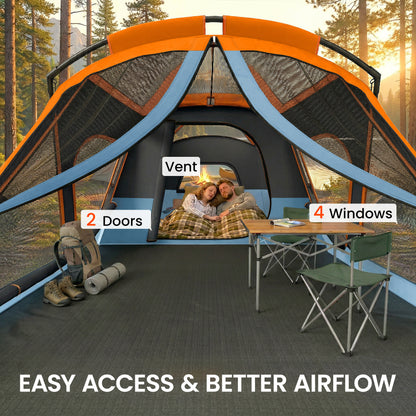 4-Person Tunnel Family Tent with Separate Sleeping & Living Areas, Skylights, PE Groundsheet, 3000 mm Waterproof – Orange/Blue