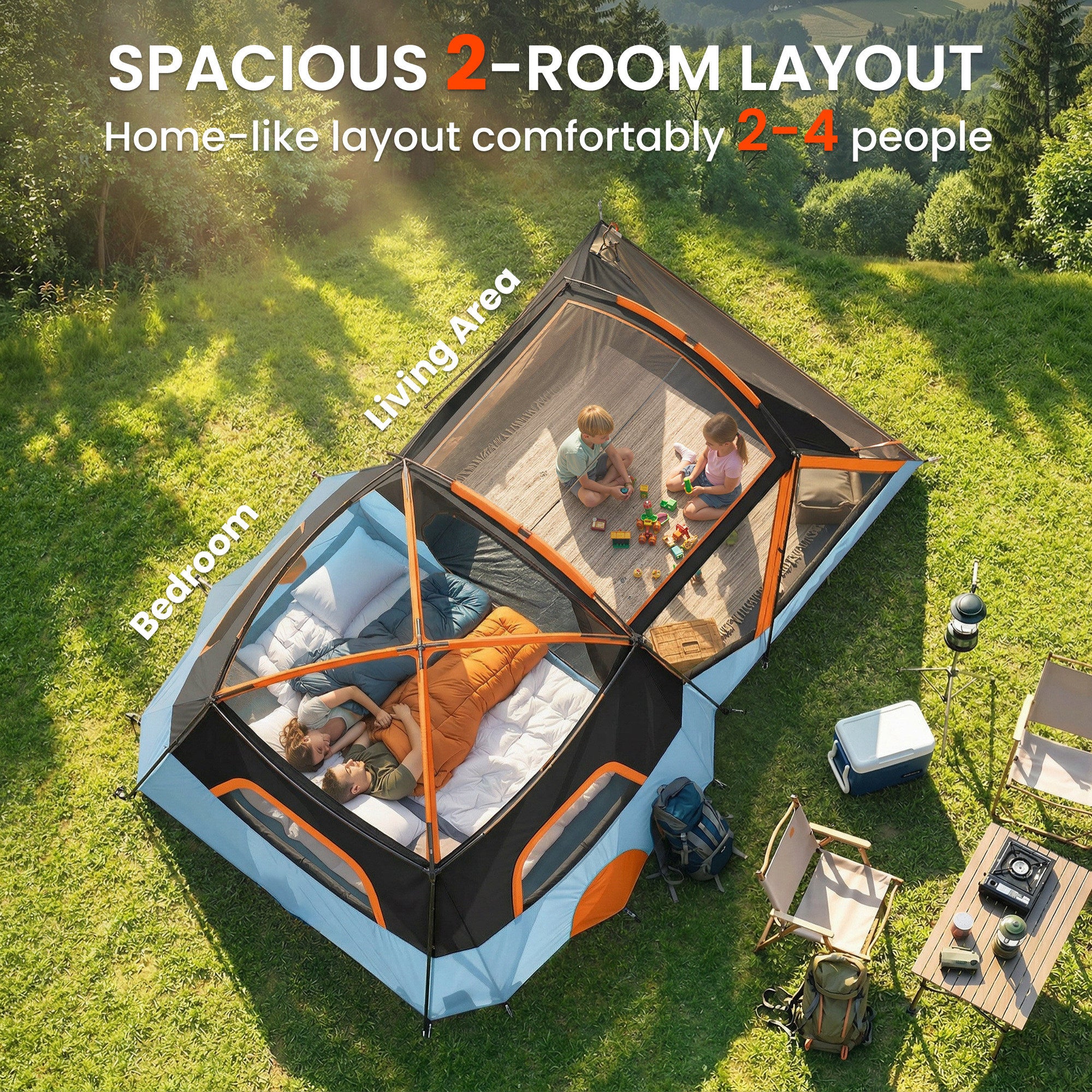 4-Person Tunnel Family Tent with Separate Sleeping & Living Areas, Skylights, PE Groundsheet, 3000 mm Waterproof – Orange/Blue
