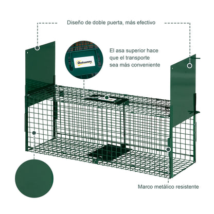 Live Animal Trap with 2 Doors Metal Capture Cage with Handle for Rabbits Minks Small Foxes 80x25x30 cm Dark Green