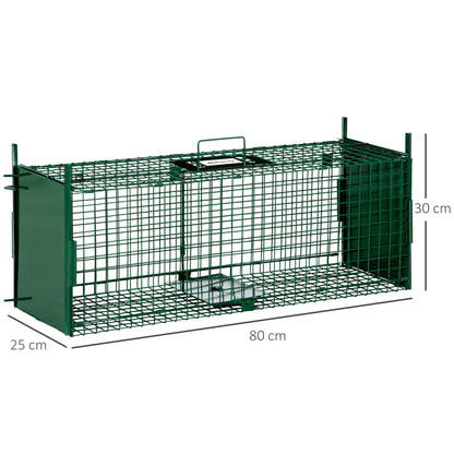 Live Animal Trap with 2 Doors Metal Capture Cage with Handle for Rabbits Minks Small Foxes 80x25x30 cm Dark Green