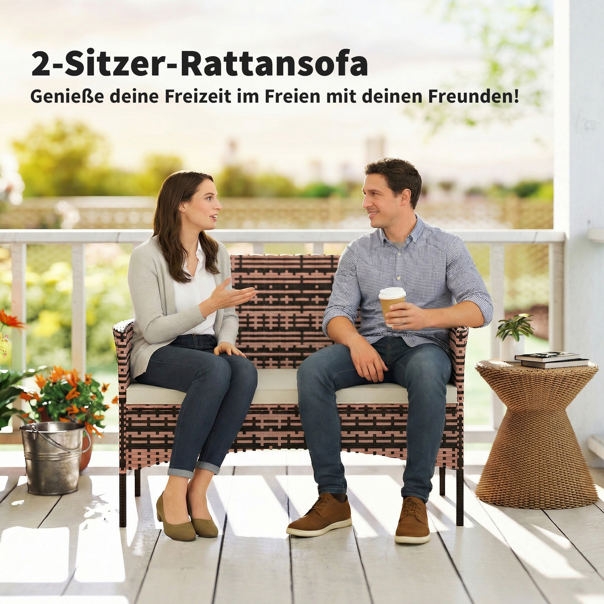 2‑Seater Rattan Garden Sofa with Cushions — Weather‑Resistant Outdoor Couch for Patio, Balcony, Khaki