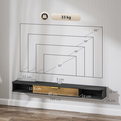 Wall-Mounted TV Stand Wooden TV Cabinet Wall TV Unit with Open Compartments, Lift-Up Door, and Cable Management, for Living Room Bedroom, 160 x 24 x 16 cm, Gray