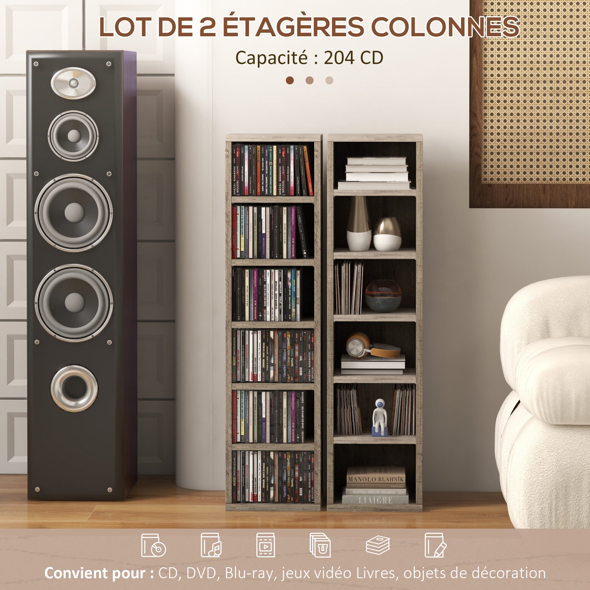 Set of 2 column shelves CD-DVD storage cabinet 6 + 6 compartments 21 x 22.5 x 88.5 cm max. capacity 204 CDs dark gray