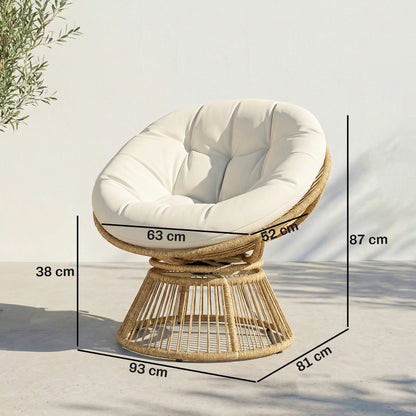 360° Swivel Papasan Chair with Cushion, Round PE Rattan Lounger on Steel Frame — Cream White