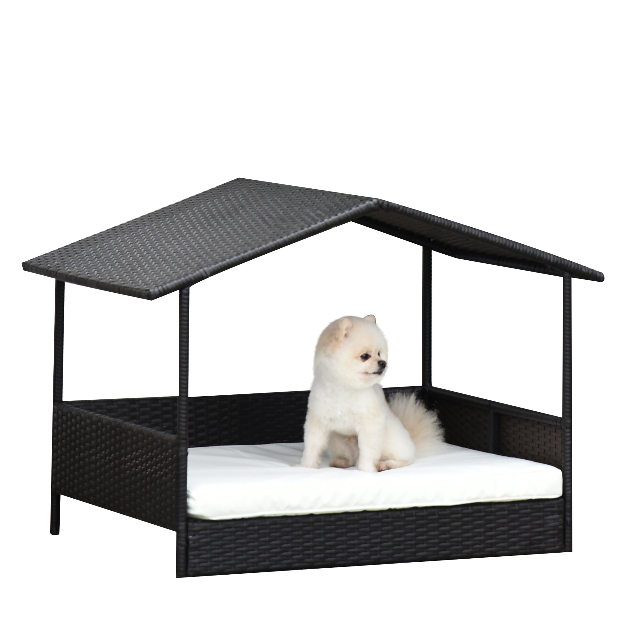 Rattan Dog Lounge Outdoor with Roof, Raised Dog Bed for Small and Medium Dogs, Cooling Pet Lounge with Metal Frame, Pet Bed for Outdoors, 69 x 98 x 70 cm, Coffee-Brown