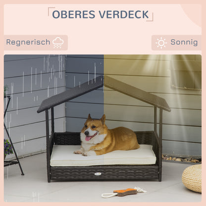 Rattan Dog Lounge Outdoor with Roof, Raised Dog Bed for Small and Medium Dogs, Cooling Pet Lounge with Metal Frame, Pet Bed for Outdoors, 69 x 98 x 70 cm, Coffee-Brown