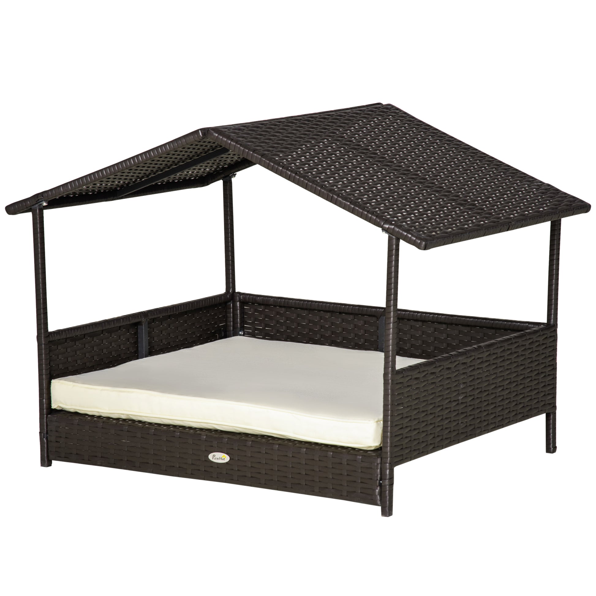 Rattan Dog Lounge Outdoor with Roof, Raised Dog Bed for Small and Medium Dogs, Cooling Pet Lounge with Metal Frame, Pet Bed for Outdoors, 69 x 98 x 70 cm, Coffee-Brown