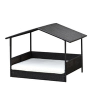 Rattan Dog Lounge Outdoor with Roof, Raised Dog Bed for Small and Medium Dogs, Cooling Pet Lounge with Metal Frame, Pet Bed for Outdoors, 69 x 98 x 70 cm, Coffee-Brown