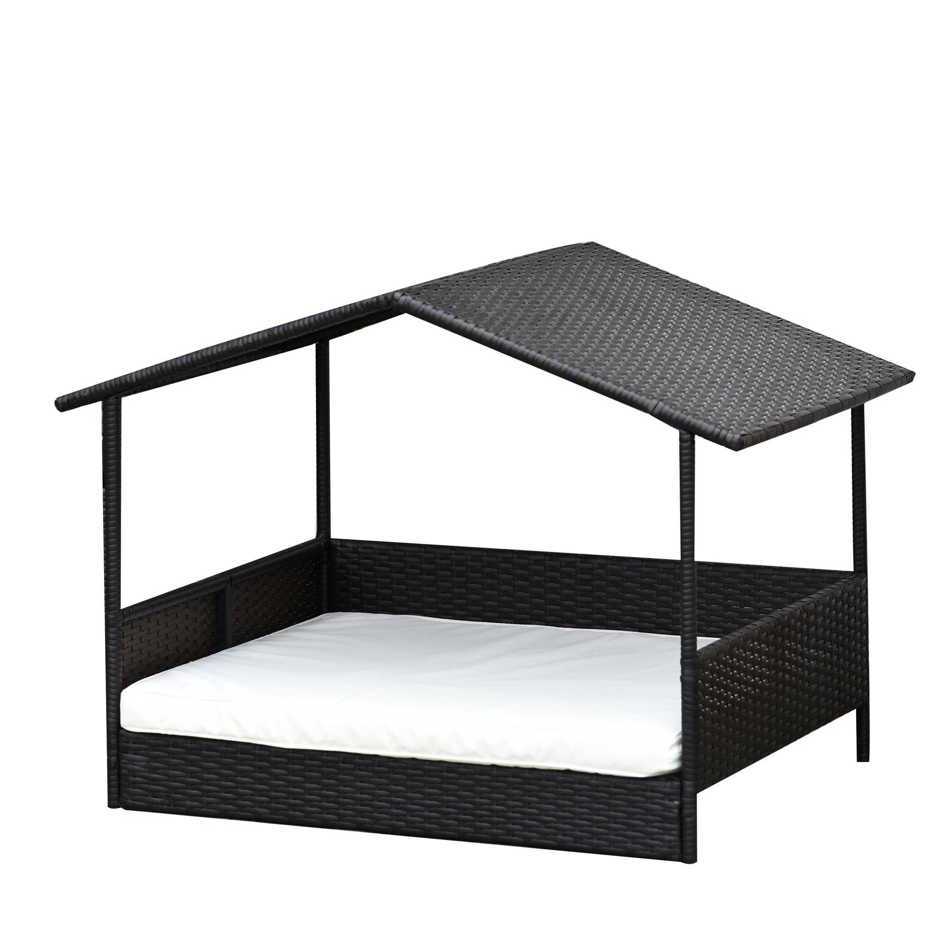 Rattan Dog Lounge Outdoor with Roof, Raised Dog Bed for Small and Medium Dogs, Cooling Pet Lounge with Metal Frame, Pet Bed for Outdoors, 69 x 98 x 70 cm, Coffee-Brown