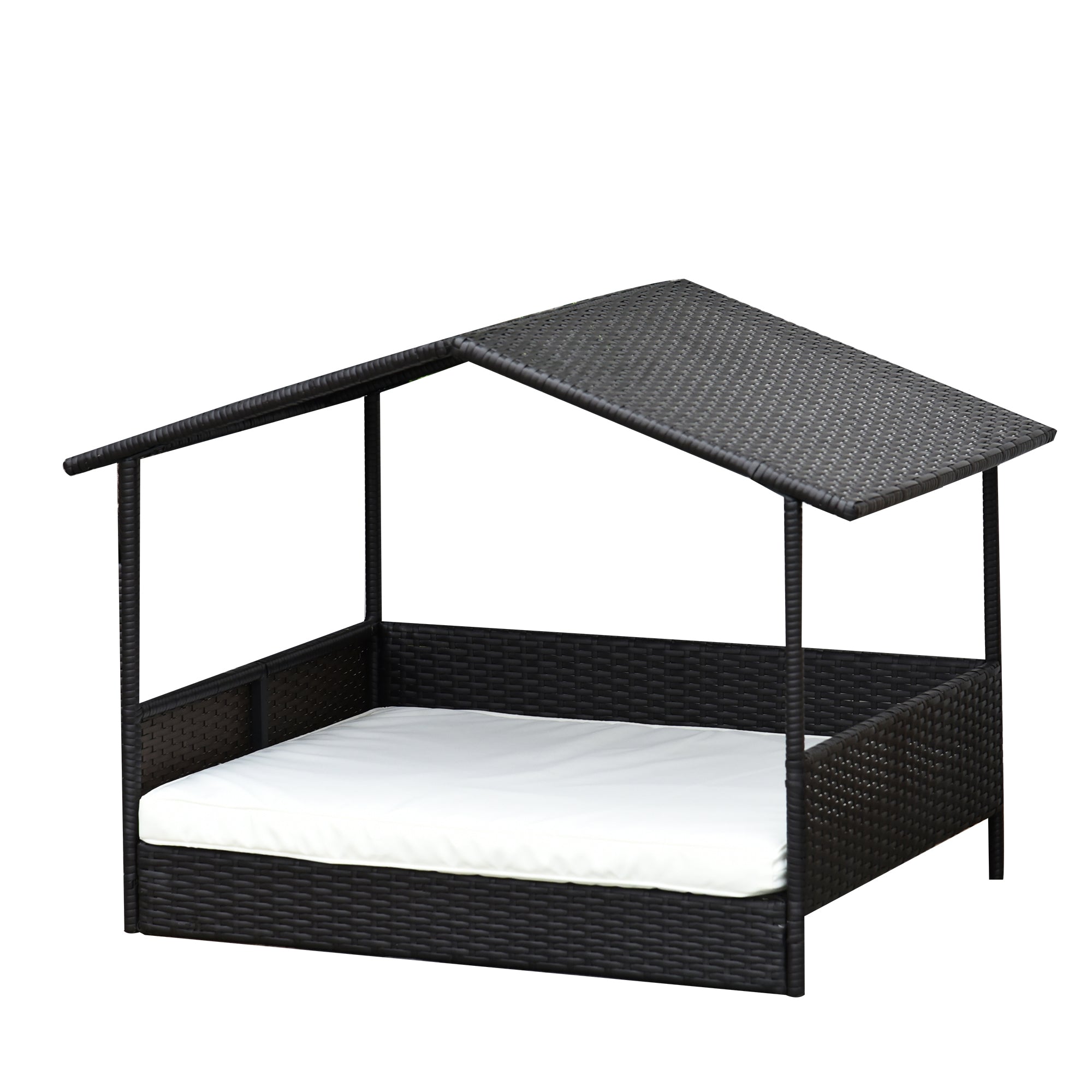 Rattan Dog Lounge Outdoor with Roof, Raised Dog Bed for Small and Medium Dogs, Cooling Pet Lounge with Metal Frame, Pet Bed for Outdoors, 69 x 98 x 70 cm, Coffee-Brown