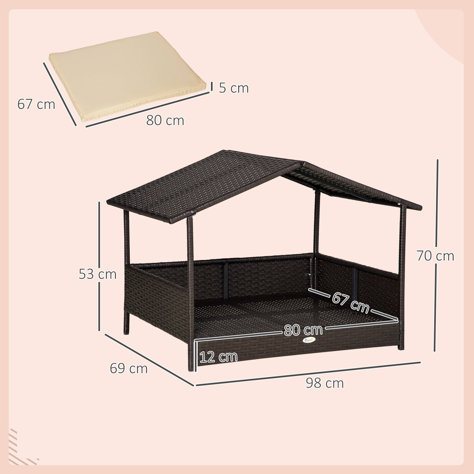 Rattan Dog Lounge Outdoor with Roof, Raised Dog Bed for Small and Medium Dogs, Cooling Pet Lounge with Metal Frame, Pet Bed for Outdoors, 69 x 98 x 70 cm, Coffee-Brown