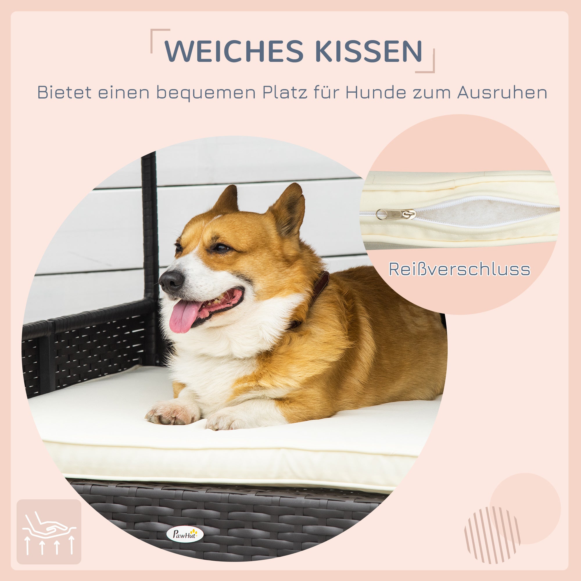 Rattan Dog Lounge Outdoor with Roof, Raised Dog Bed for Small and Medium Dogs, Cooling Pet Lounge with Metal Frame, Pet Bed for Outdoors, 69 x 98 x 70 cm, Coffee-Brown