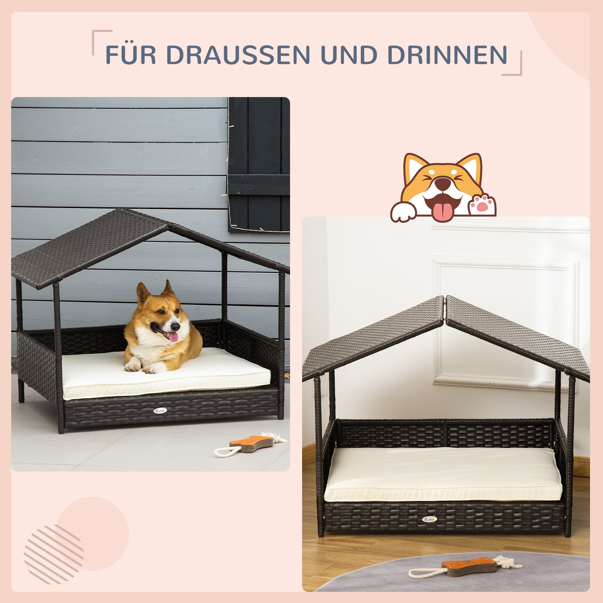 Rattan Dog Lounge Outdoor with Roof, Raised Dog Bed for Small and Medium Dogs, Cooling Pet Lounge with Metal Frame, Pet Bed for Outdoors, 69 x 98 x 70 cm, Coffee-Brown
