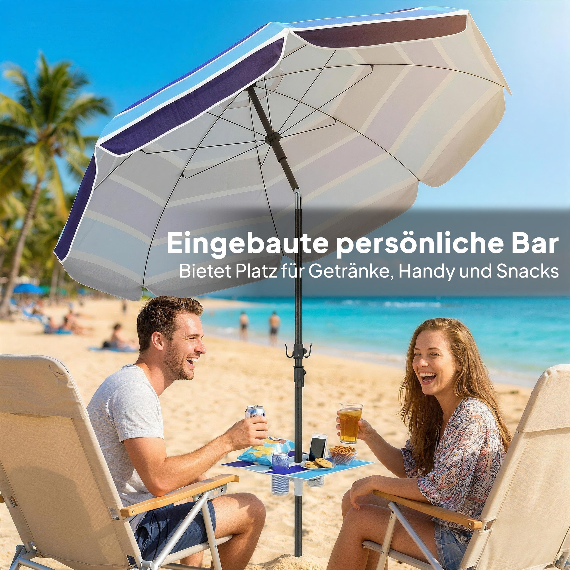 Beach Umbrella Ø78 in (198 cm) UV30+ with Foldable Table & Drink Holders, Adjustable Tilt, Balcony/Travel Parasol with Carry Bag — Multicolor/Black