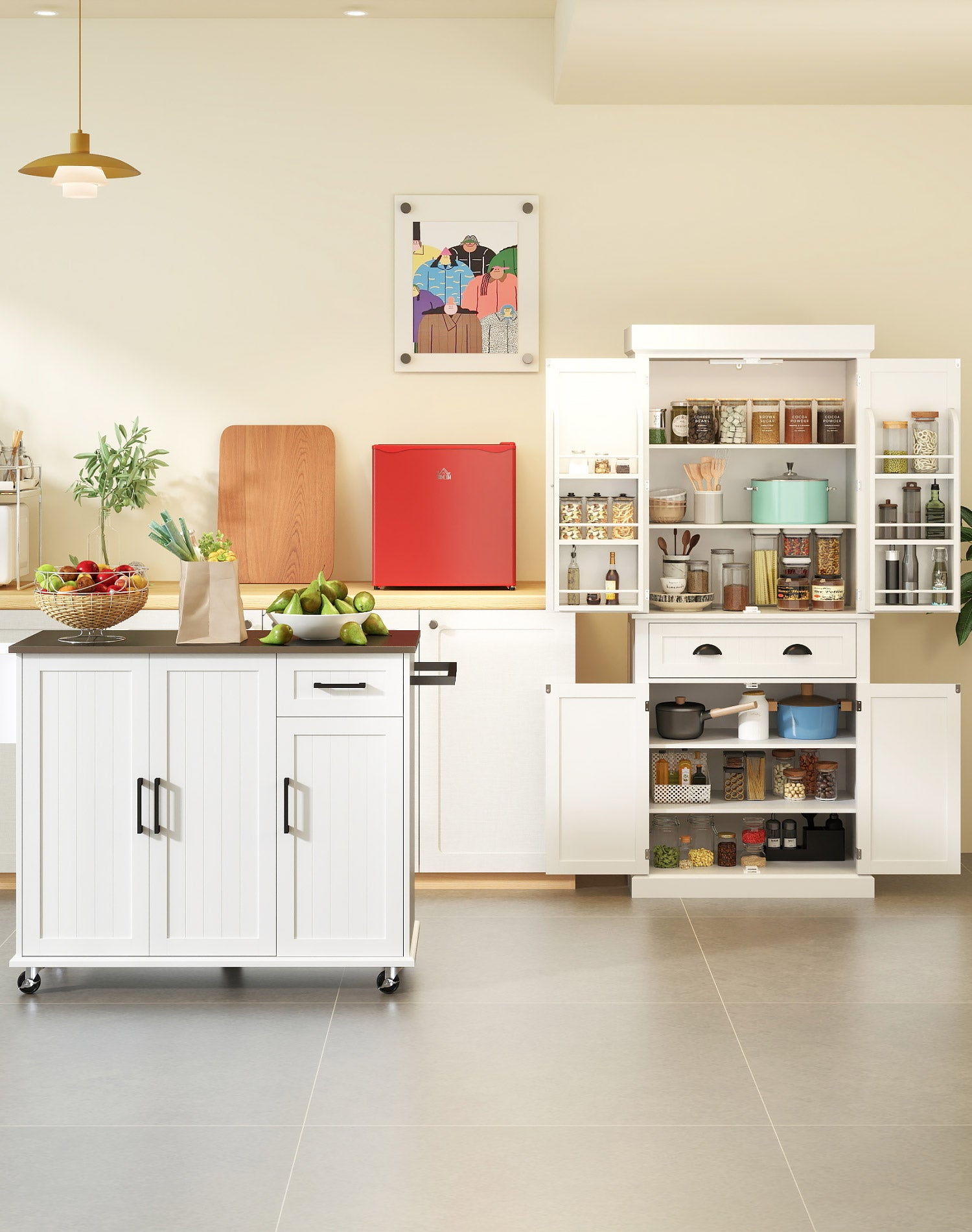 Modern kitchen with white cabinets, a small island, and various kitchen items.
