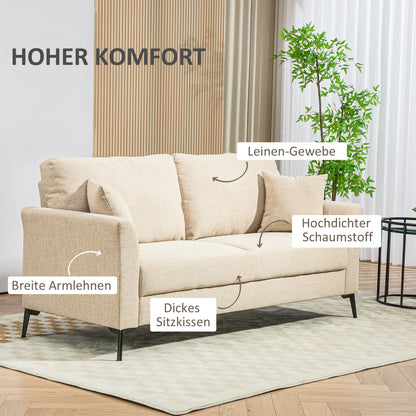 2-Seater Sofa, Couch with Linen Look, Metal Legs, Upholstered Double Sofa for Living Room, Bedroom, 179 x 80 x 89 cm, Beige