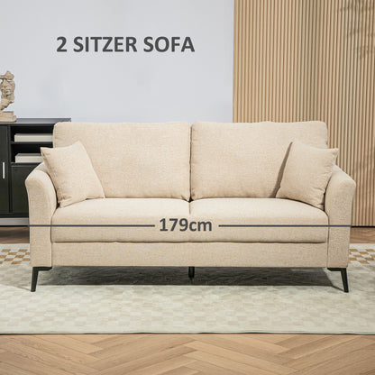 2-Seater Sofa, Couch with Linen Look, Metal Legs, Upholstered Double Sofa for Living Room, Bedroom, 179 x 80 x 89 cm, Beige