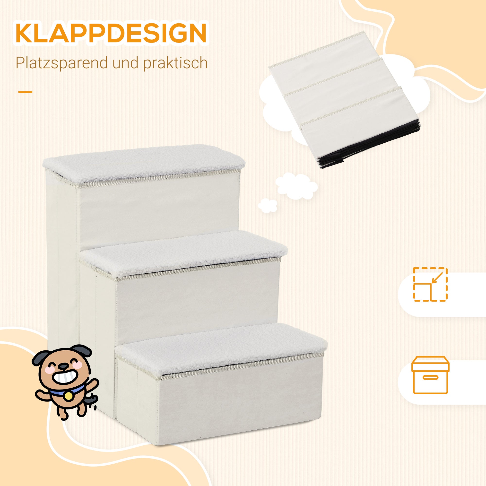 Pet Stairs Cat Stairs Dog Stairs Foldable 3 Steps Pet Stairs with Storage Space for Cats and Dogs MDF White 40 x 54 x 48 cm