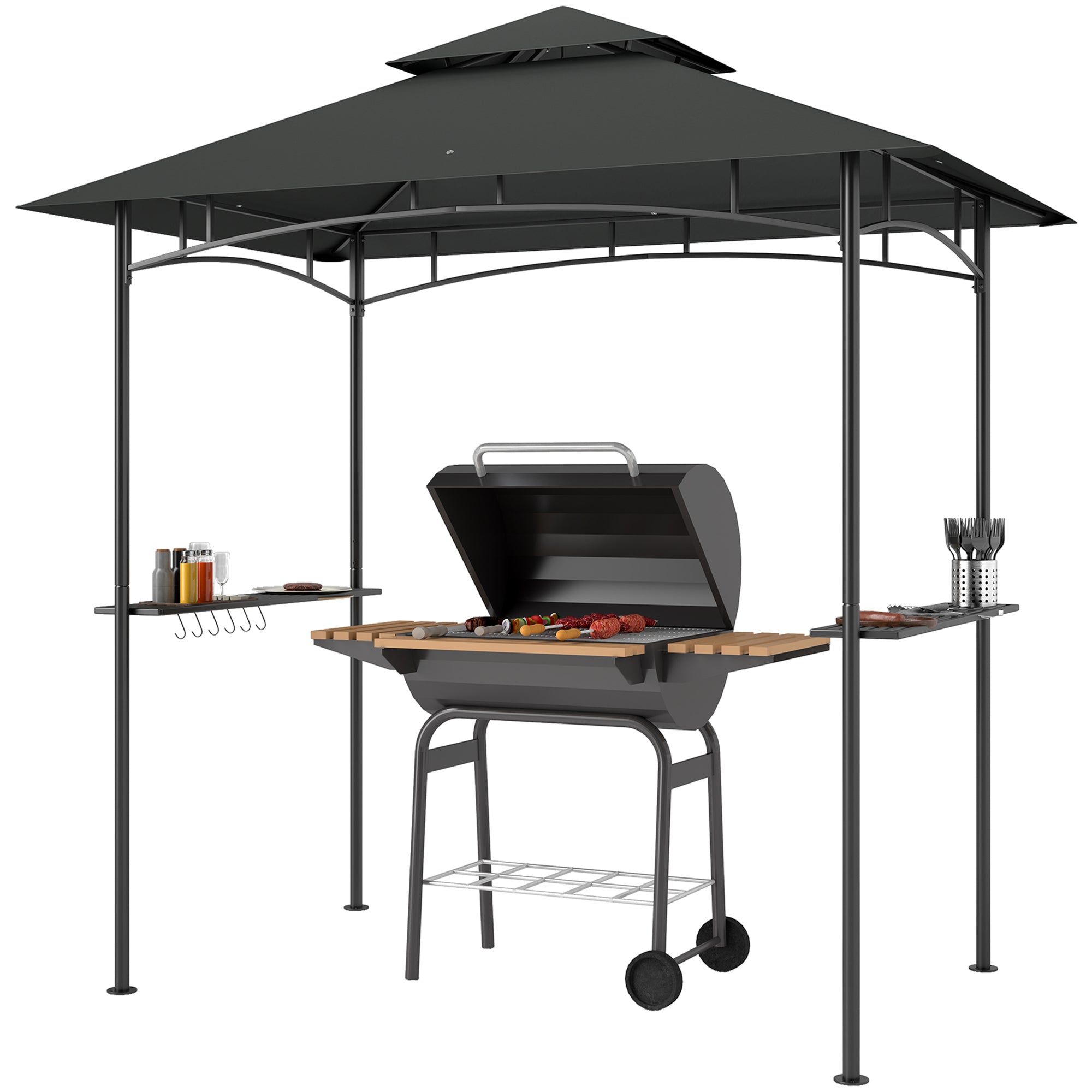 BBQ Pavilion with LED 240 x 150 x 258 cm water-resistant fire-retardant Garden Pavilion with double-layer canopy, side shelves, garden pergola with UV protection, BBQ Pavilion for Party BBQ Dark Gray