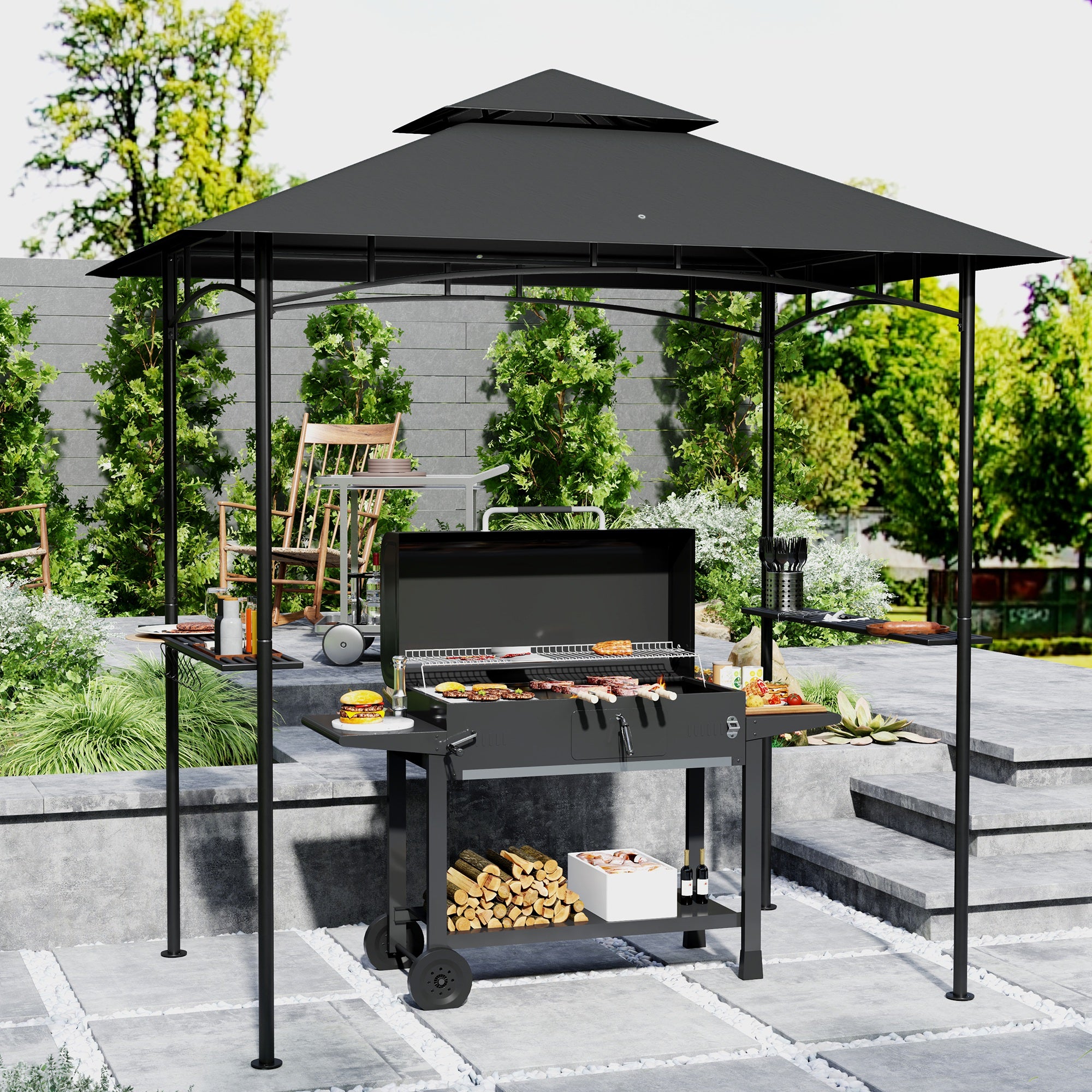 BBQ Pavilion with LED 240 x 150 x 258 cm water-resistant fire-retardant Garden Pavilion with double-layer canopy, side shelves, garden pergola with UV protection, BBQ Pavilion for Party BBQ Dark Gray