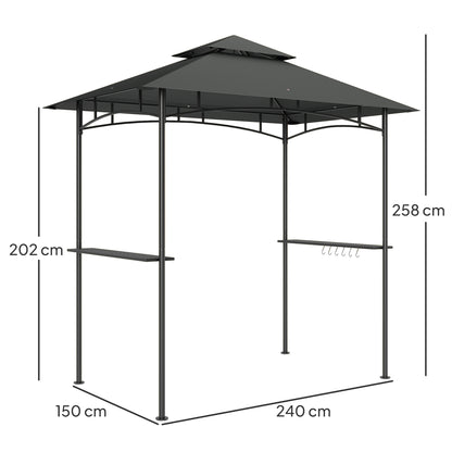 BBQ Pavilion with LED 240 x 150 x 258 cm water-resistant fire-retardant Garden Pavilion with double-layer canopy, side shelves, garden pergola with UV protection, BBQ Pavilion for Party BBQ Dark Gray