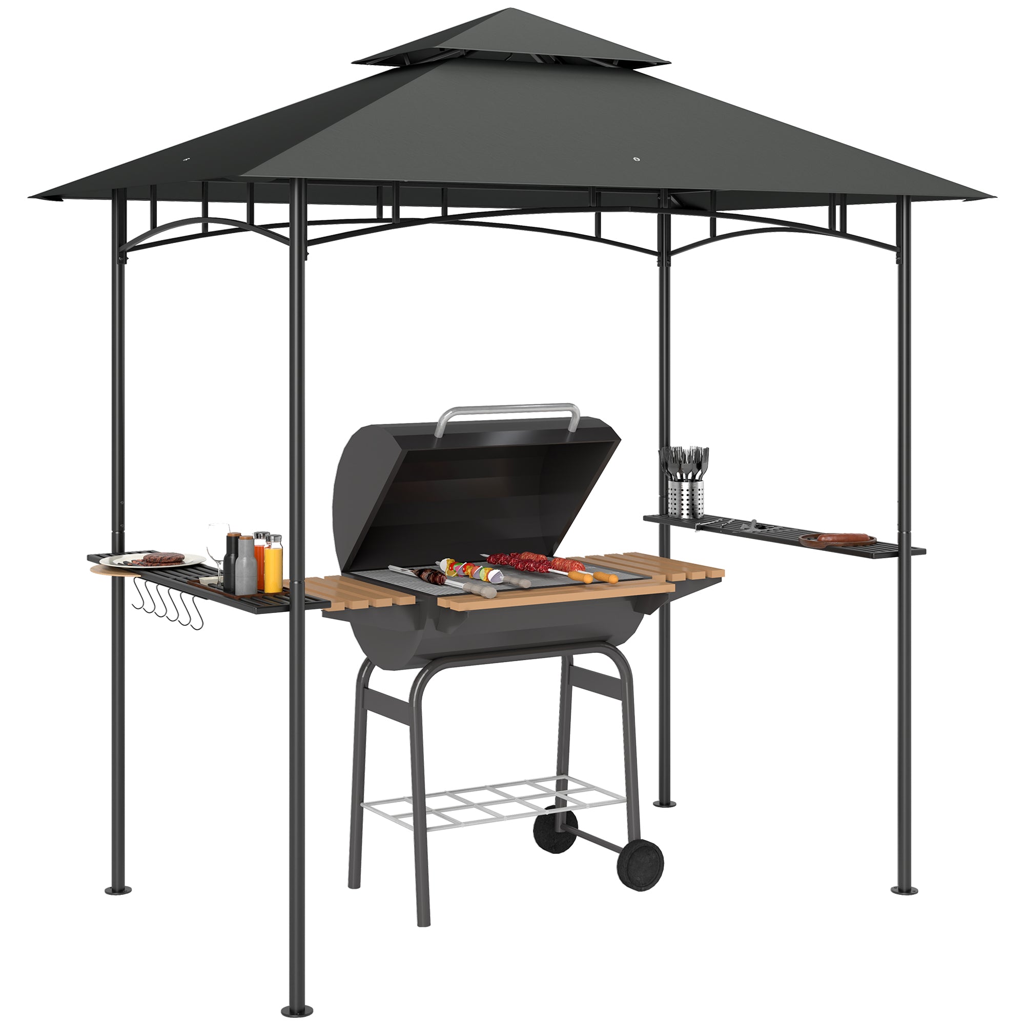 BBQ Pavilion with LED 240 x 150 x 258 cm water-resistant fire-retardant Garden Pavilion with double-layer canopy, side shelves, garden pergola with UV protection, BBQ Pavilion for Party BBQ Dark Gray