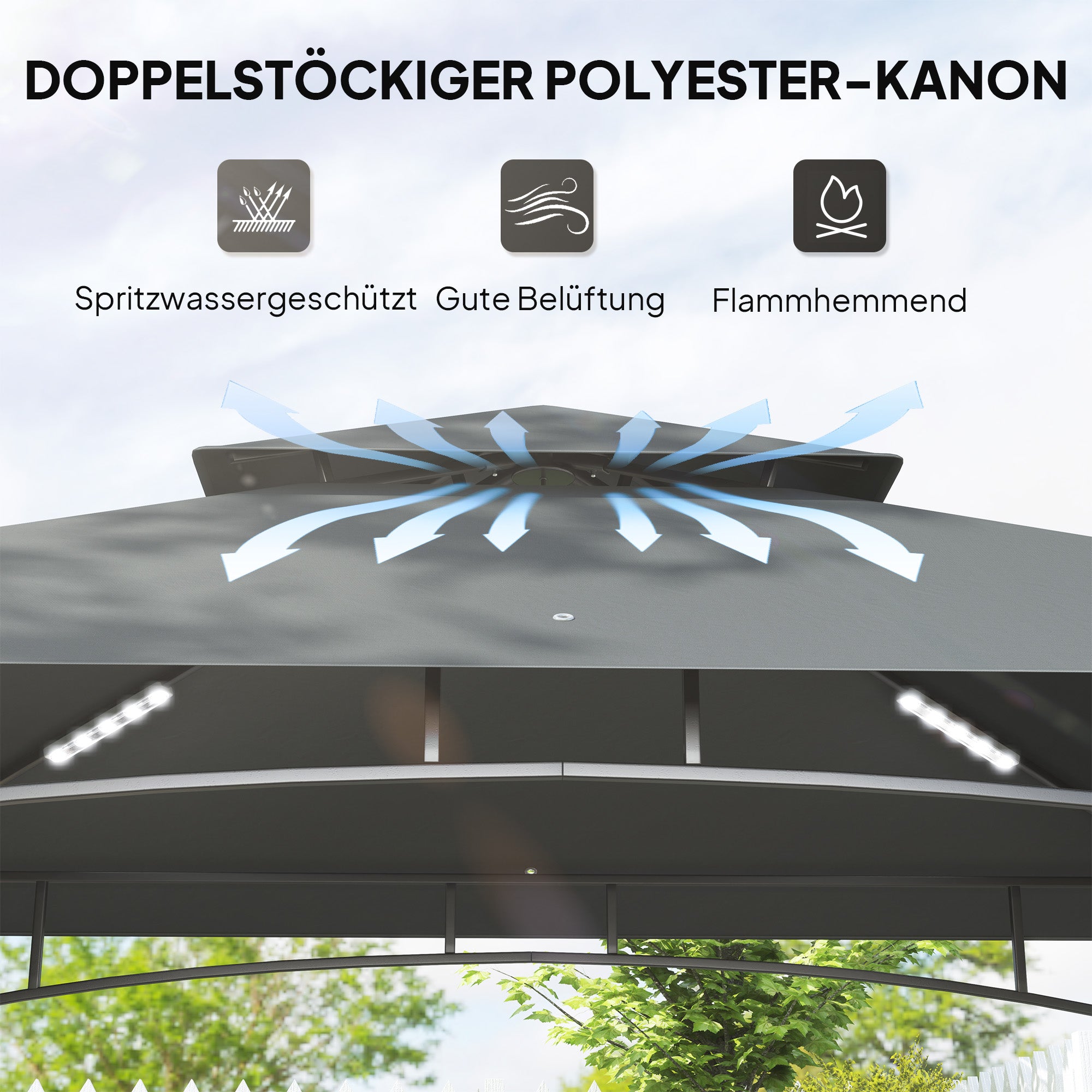 BBQ Pavilion with LED 240 x 150 x 258 cm water-resistant fire-retardant Garden Pavilion with double-layer canopy, side shelves, garden pergola with UV protection, BBQ Pavilion for Party BBQ Dark Gray