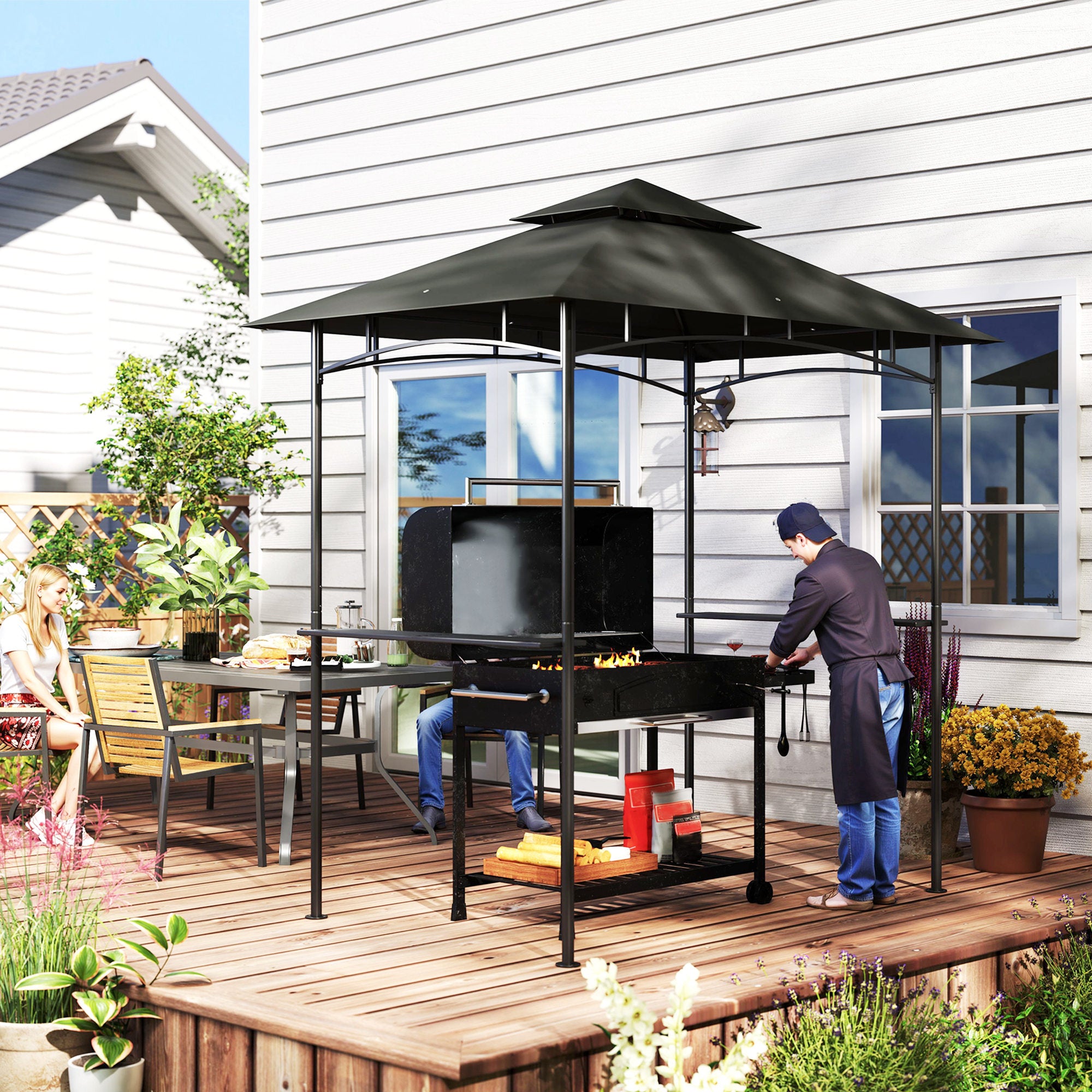 BBQ Pavilion with LED 240 x 150 x 258 cm water-resistant fire-retardant Garden Pavilion with double-layer canopy, side shelves, garden pergola with UV protection, BBQ Pavilion for Party BBQ Dark Gray