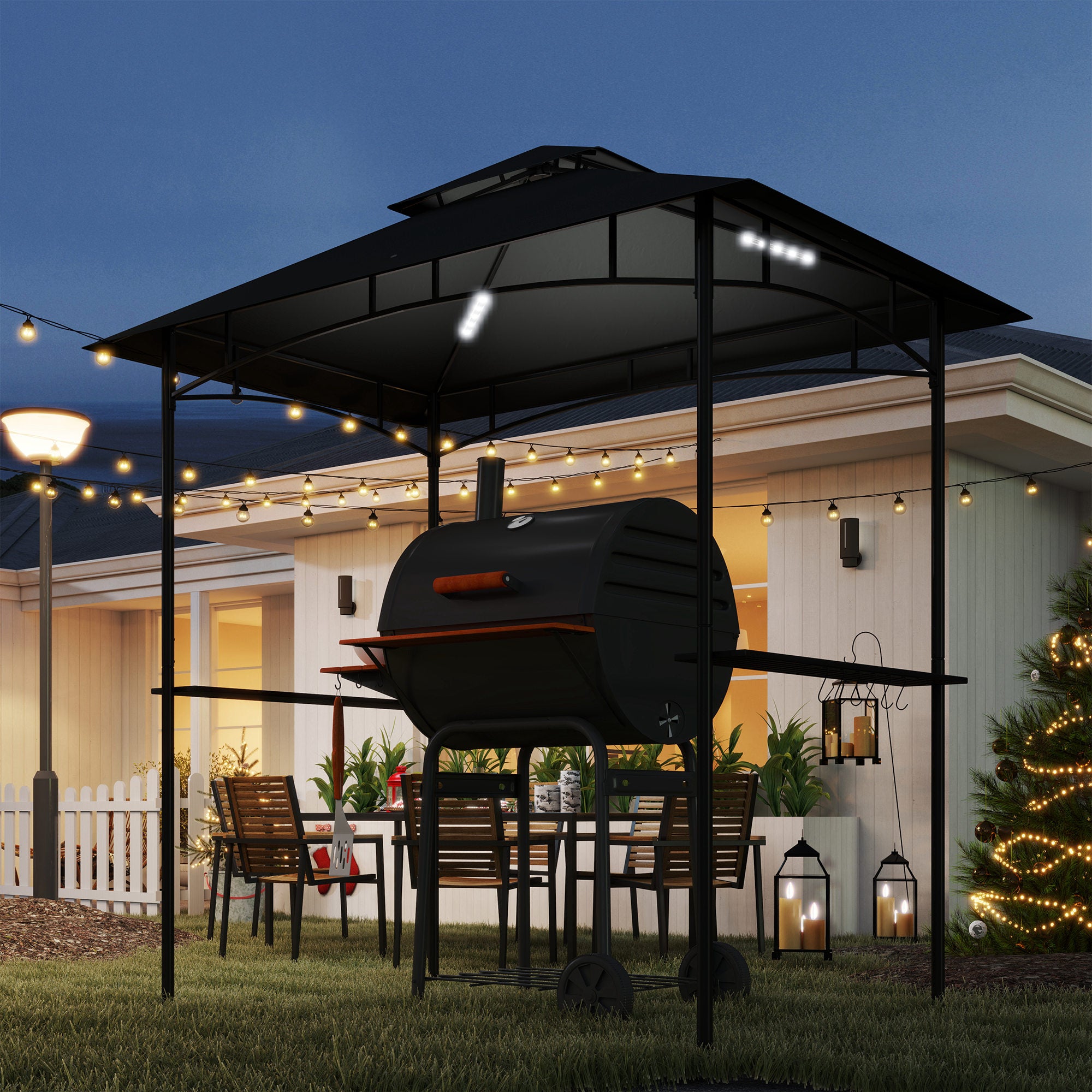 BBQ Pavilion with LED 240 x 150 x 258 cm water-resistant fire-retardant Garden Pavilion with double-layer canopy, side shelves, garden pergola with UV protection, BBQ Pavilion for Party BBQ Dark Gray