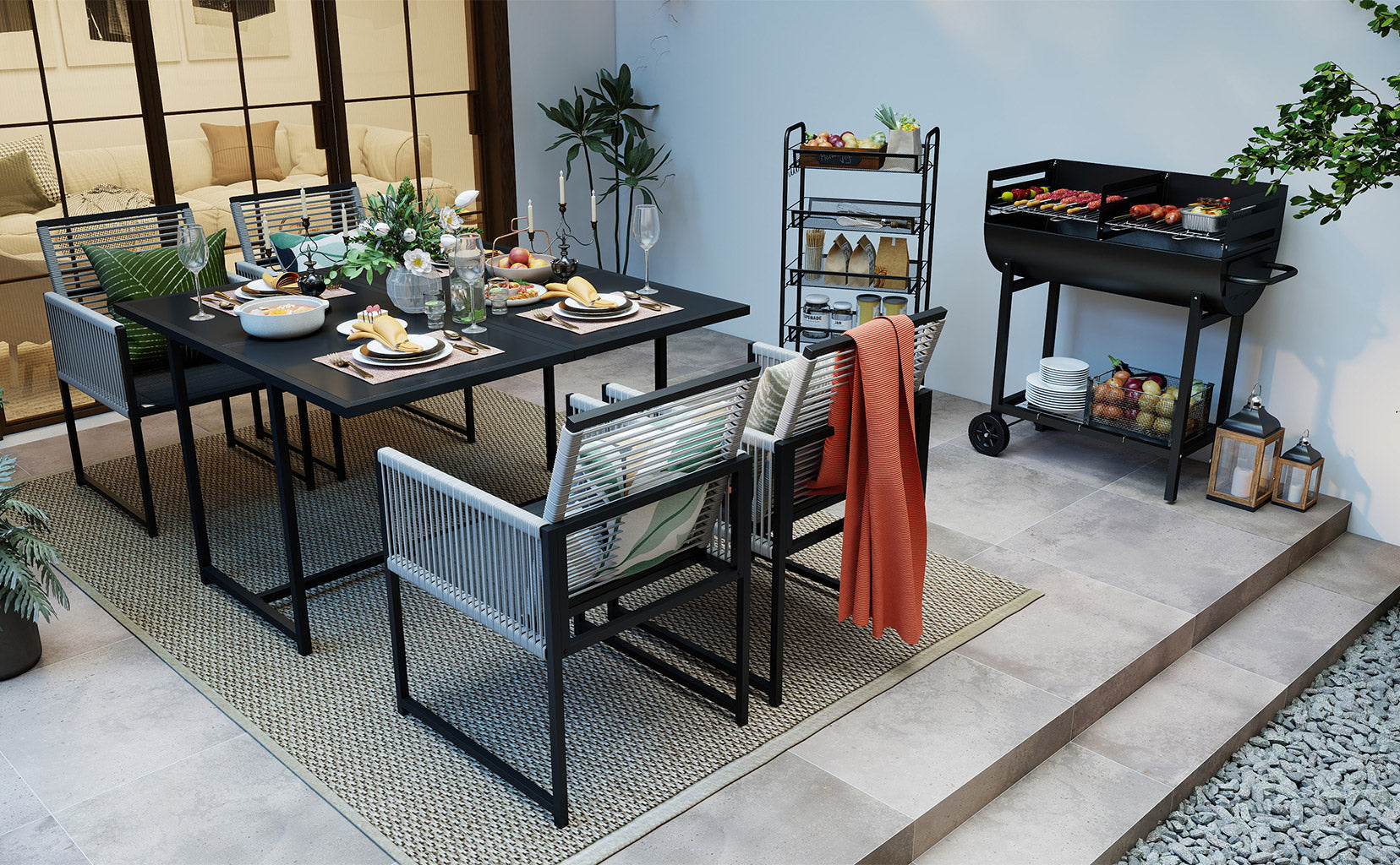 Dining area with table, chairs, and a grill in an indoor setting.