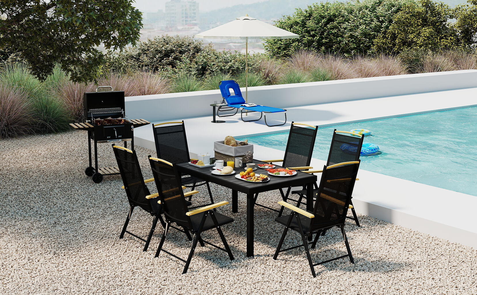 Outdoor dining setup with table, chairs, and grill by a poolside.