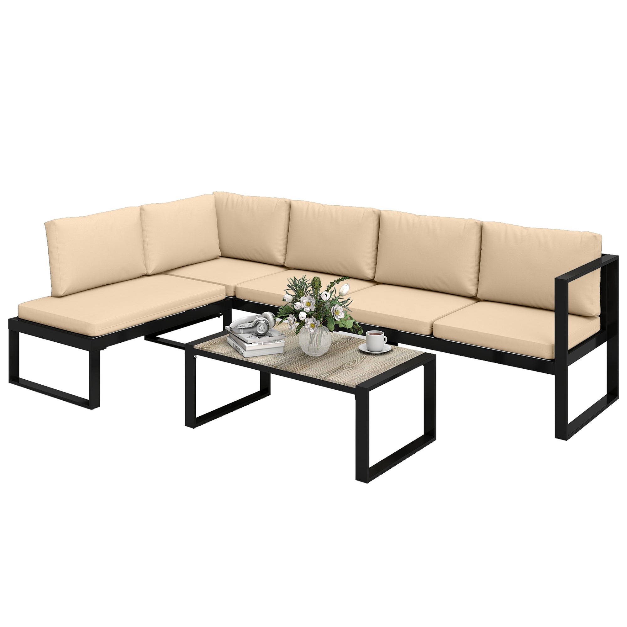 4-Piece Outdoor Garden Sofa Set — 2 Two-Seat Sofas, Armless Chair & Coffee Table, Steel Frame with Cushions, Khaki