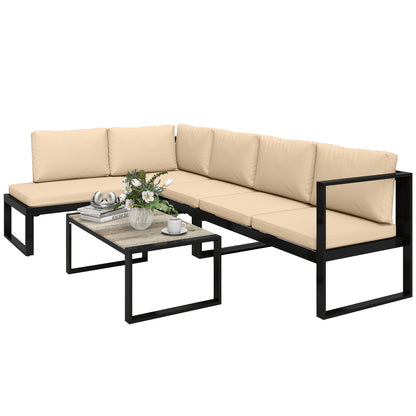 4-Piece Outdoor Garden Sofa Set — 2 Two-Seat Sofas, Armless Chair & Coffee Table, Steel Frame with Cushions, Khaki