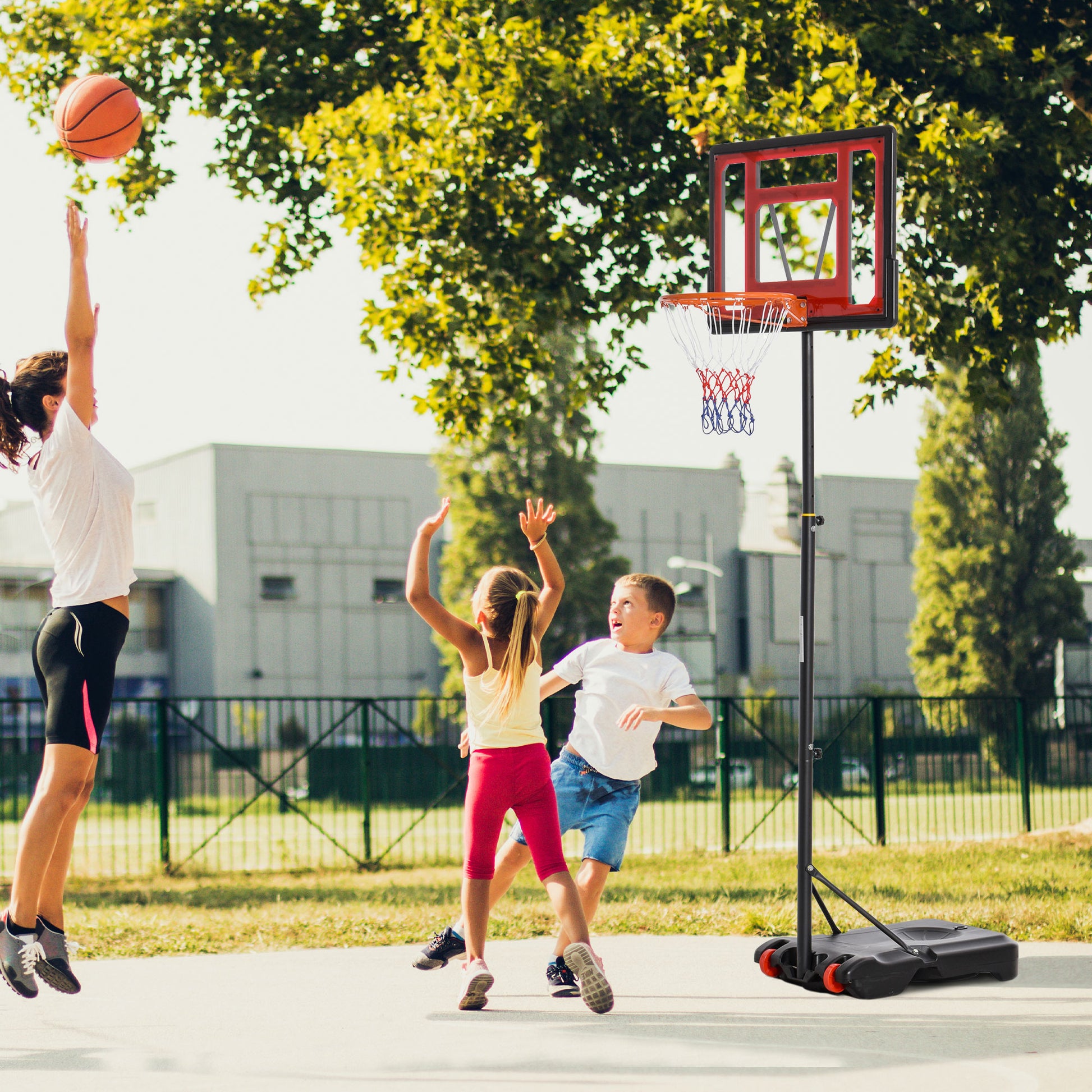 Outdoor Basketball Stand with Wheels, 160-210 cm Height Adjustable Basketball Hoop with Stand, 83x59cm Backboard, for Teens in Backyards, Gardens, Garages