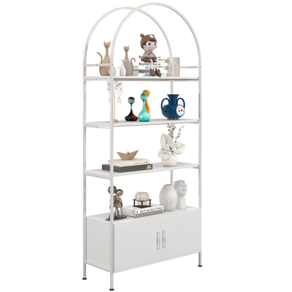4-Tier Arched Storage Shelf with Double-Door Cabinet, Adjustable Feet, Steel Frame, for Office, Living Room, Bedroom — 80 x 30 x 187 cm (31.5 x 11.8 x 73.6 in), White