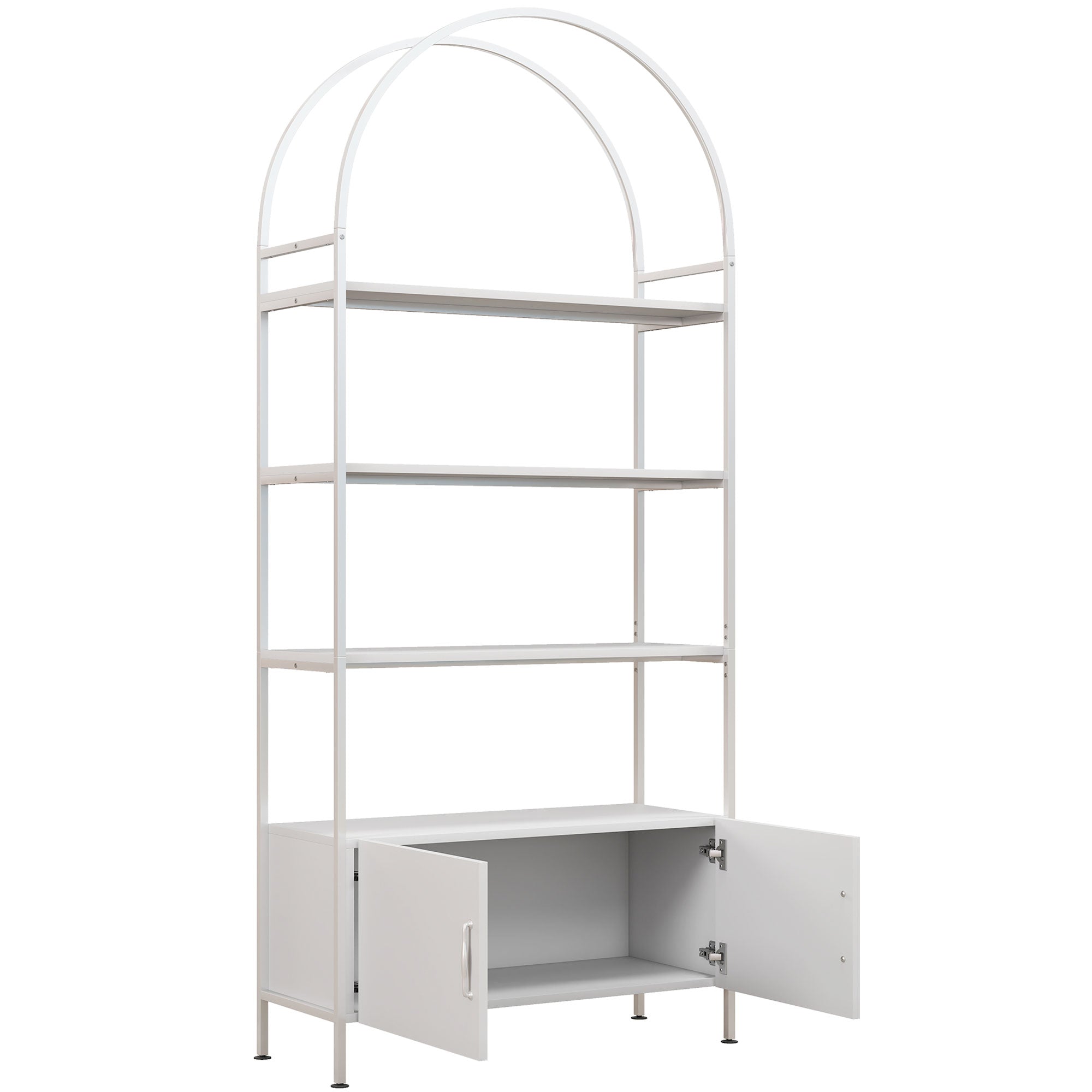 4-Tier Arched Storage Shelf with Double-Door Cabinet, Adjustable Feet, Steel Frame, for Office, Living Room, Bedroom — 80 x 30 x 187 cm (31.5 x 11.8 x 73.6 in), White
