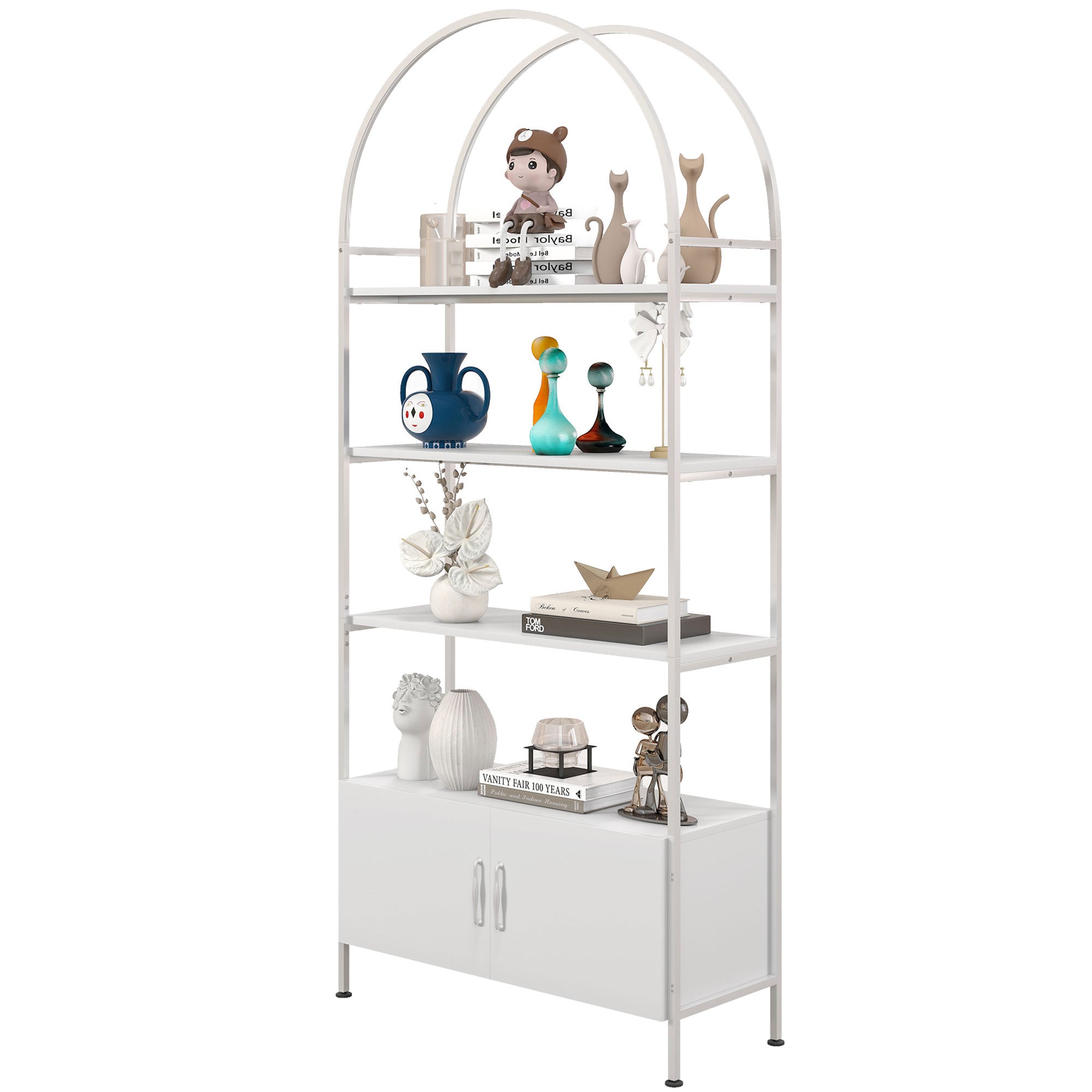 4-Tier Arched Storage Shelf with Double-Door Cabinet, Adjustable Feet, Steel Frame, for Office, Living Room, Bedroom — 80 x 30 x 187 cm (31.5 x 11.8 x 73.6 in), White