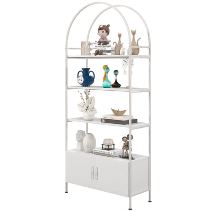 4-Tier Arched Storage Shelf with Double-Door Cabinet, Adjustable Feet, Steel Frame, for Office, Living Room, Bedroom — 80 x 30 x 187 cm (31.5 x 11.8 x 73.6 in), White