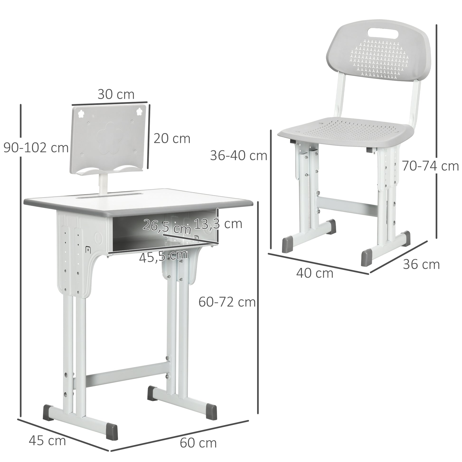 Kids Desk and Chair Set for 6-12 Year Olds Children Adjustable Height Desk with 1 Drawer 1 Pencil Slot and 1 Bookshelf Steel 60x45x90-102 cm Gray
