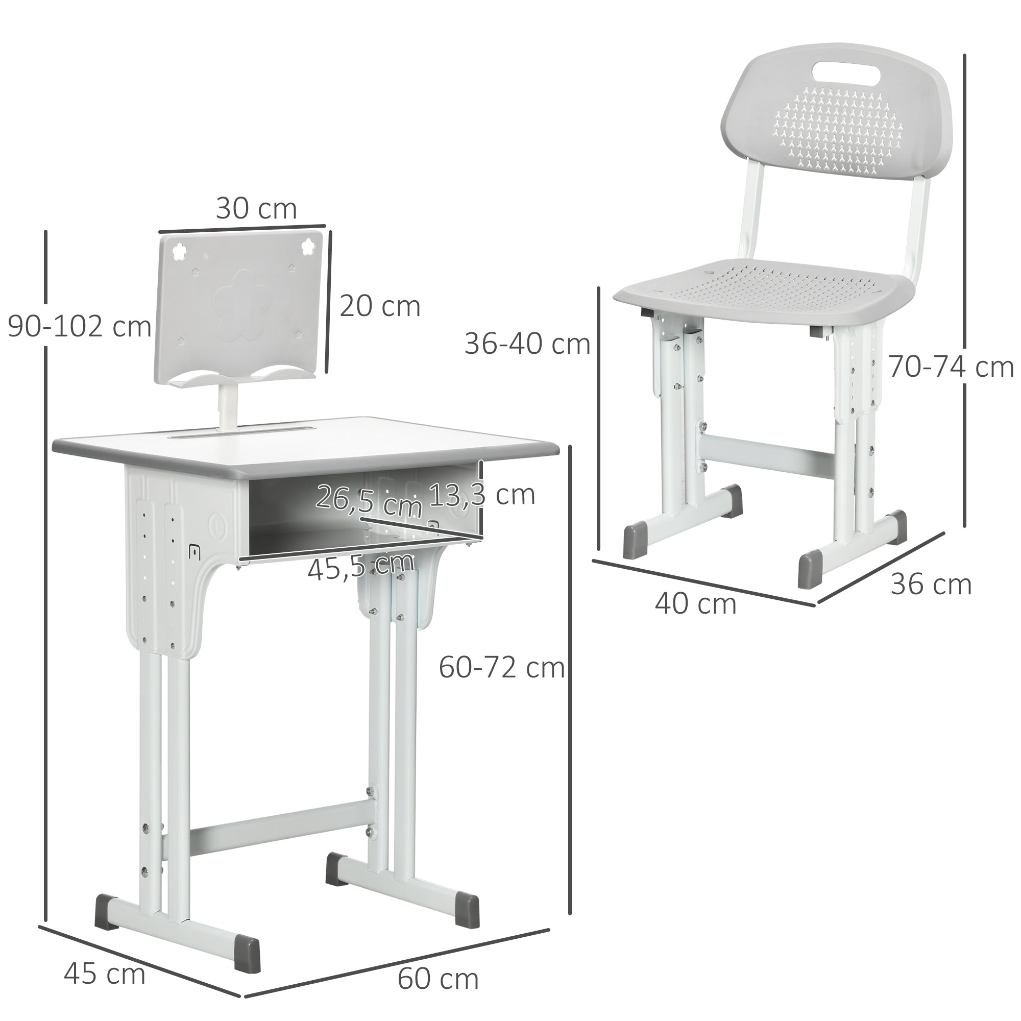 Kids Desk and Chair Set for 6-12 Year Olds Children Adjustable Height Desk with 1 Drawer 1 Pencil Slot and 1 Bookshelf Steel 60x45x90-102 cm Gray