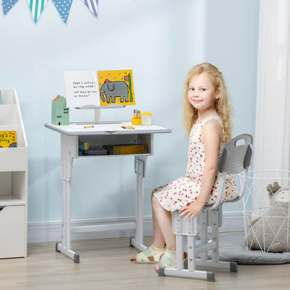 Kids Desk and Chair Set for 6-12 Year Olds Children Adjustable Height Desk with 1 Drawer 1 Pencil Slot and 1 Bookshelf Steel 60x45x90-102 cm Gray