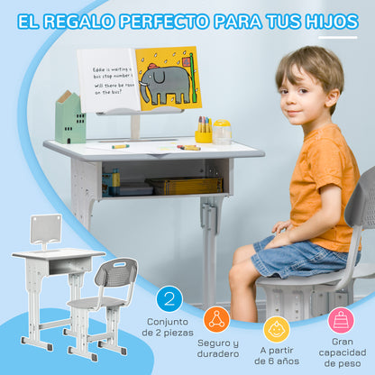 Kids Desk and Chair Set for 6-12 Year Olds Children Adjustable Height Desk with 1 Drawer 1 Pencil Slot and 1 Bookshelf Steel 60x45x90-102 cm Gray