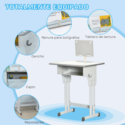 Kids Desk and Chair Set for 6-12 Year Olds Children Adjustable Height Desk with 1 Drawer 1 Pencil Slot and 1 Bookshelf Steel 60x45x90-102 cm Gray
